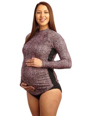 EQ Swimwear - Pink/Leopard Print Maternity Rash Guard Long Sleeve XL